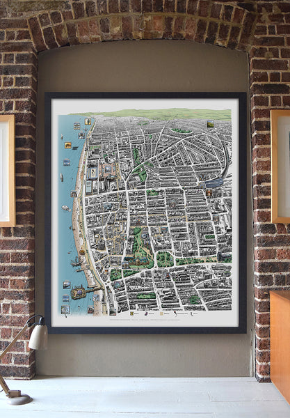 Hand drawn illustrated Brighton Map art print signed by artist Malcolm Trollope-Davis. It makes a perfect gift for anyone who loves Brighton and Hove.