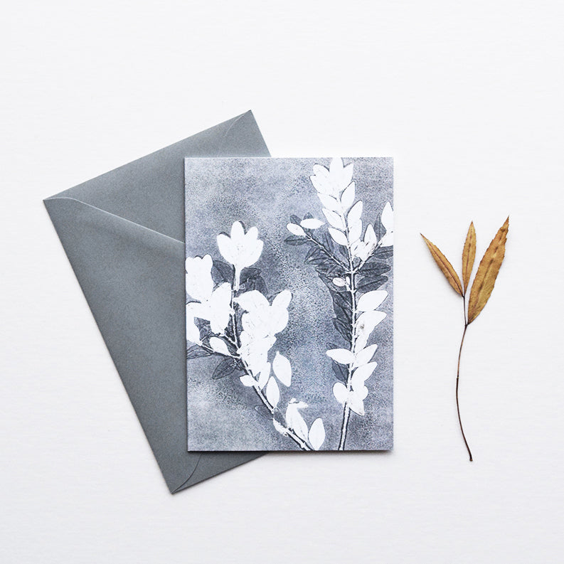 ‘Midnight Garden III’ by heraldBLACK is a greeting card featuring one of the original monoprints from the 'Midnight Garden' range.