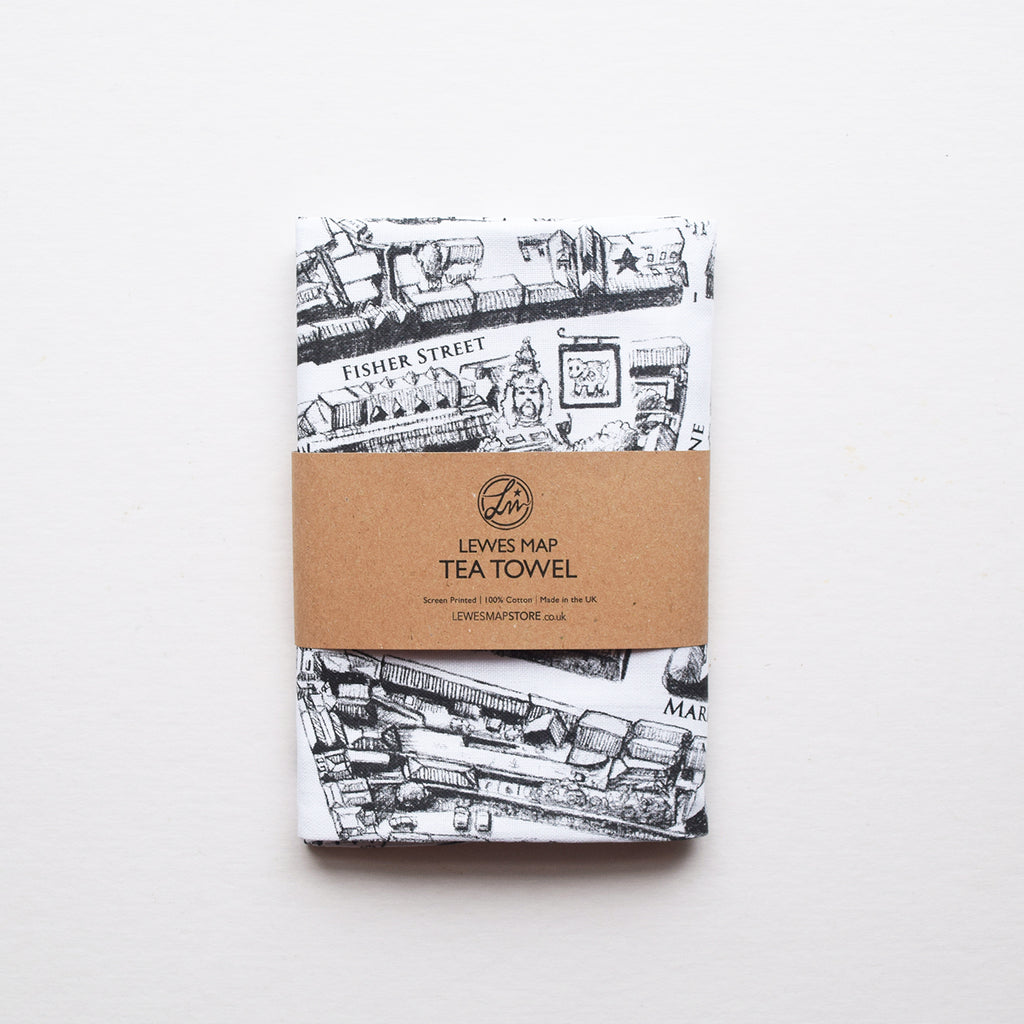 Lewes Map tea towel featuring part of our hand drawn map of Lewes by artist Malcolm Trollope-Davis. Made in the UK from 100% premium cotton, it makes a perfect gift for anyone who loves Lewes!
