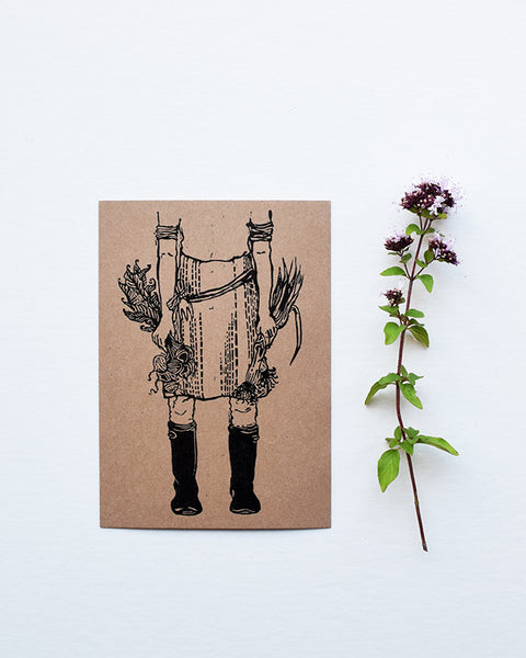 A beautiful set of postcards featuring mini prints hand carved from original linocut and woodcut prints by Rosanna Morris. The postcard designs include 'Boots', 'Flower Harvest', 'Mary' and 'Wheelbarrow'. 