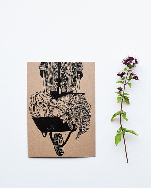 A beautiful set of postcards featuring mini prints hand carved from original linocut and woodcut prints by Rosanna Morris. The postcard designs include 'Boots', 'Flower Harvest', 'Mary' and 'Wheelbarrow'. 