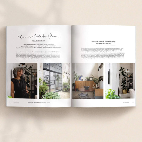 Open pages of 91 Magazine Issue 18 featuring Karone Pack-Lam, with a light-filled contemporary home, large windows, plants and natural wood furniture.