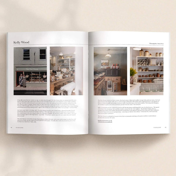 Open pages of 91 Magazine Issue 18 featuring Kelly Wood and The Hen House, with a shopfront, vintage furniture, ceramics, shelving and homeware.