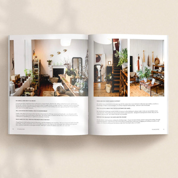 Open pages of 91 Magazine Issue 19 featuring a characterful home and lifestyle feature, with vintage furniture, plants, handmade objects and natural materials.