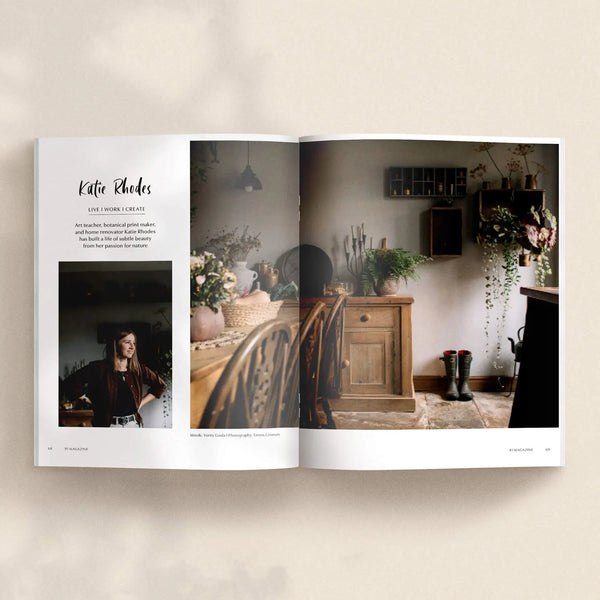 Open pages of 91 Magazine Issue 19 featuring Katie Rhodes, an art teacher, botanical print maker and home filled with vintage furniture, flowers and plants.