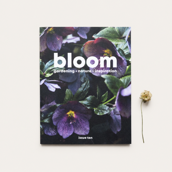 Bloom Magazine Issue Ten, a gardening and nature magazine with a floral cover featuring purple flowers and green foliage