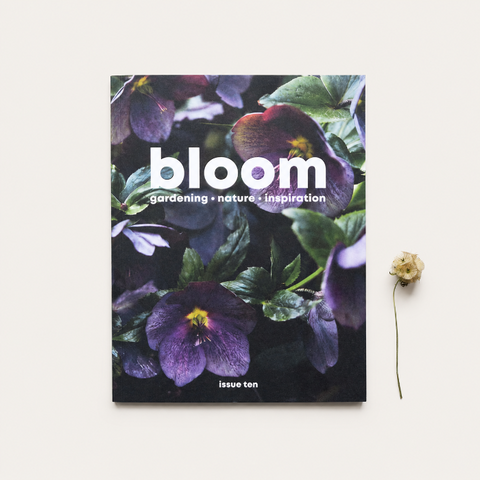 Bloom Magazine Issue Ten, a gardening and nature magazine with a floral cover featuring purple flowers and green foliage