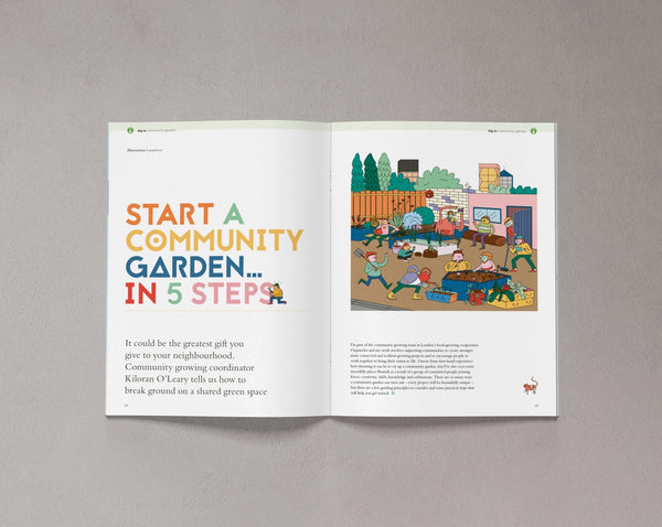 Open pages from Bloom Issue Eleven featuring a guide to starting a community garden
