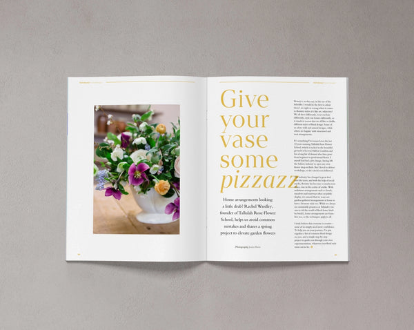 Open pages from Bloom Issue Eleven featuring a spring flower arrangement and floral arranging guide