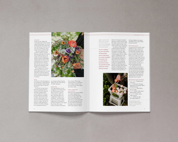Open pages from Bloom Issue Eleven featuring a garden-gathered flower arrangement and seasonal flowers