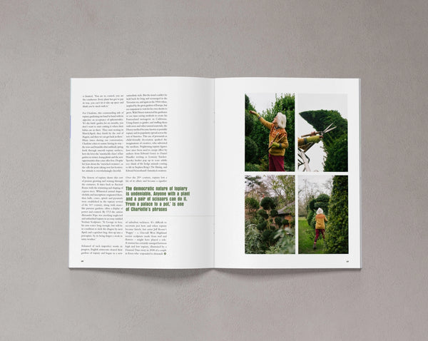 Open pages from Bloom Issue Eleven featuring topiary and a gardener shaping hedges