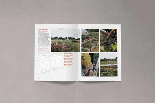 Open pages from Bloom Issue Thirteen featuring a community farm, vegetable beds and growers at work
