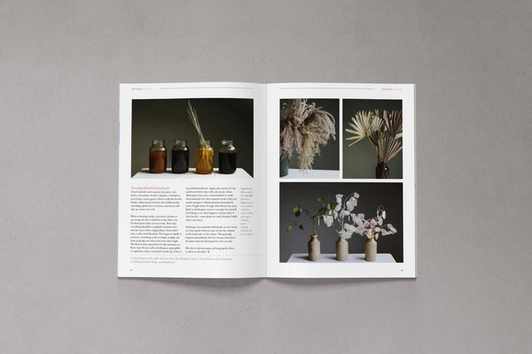 Open pages from Bloom Issue Thirteen featuring natural dyes and dried flower arrangements