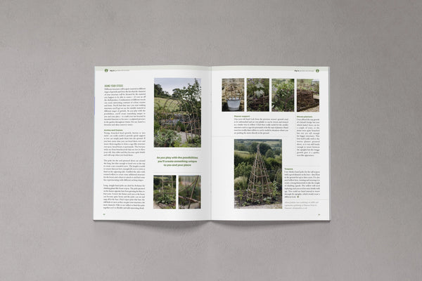 Open pages from Bloom Issue Thirteen featuring handmade garden structures and plant supports
