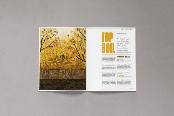 Open pages from Bloom Issue Thirteen featuring an illustrated guide to no-dig gardening