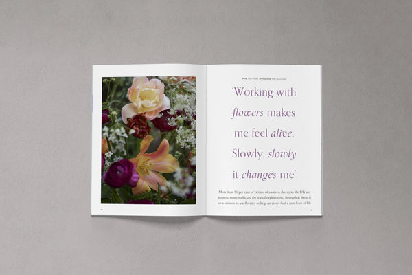 Open pages from Bloom Issue Thirteen featuring a floral arrangement and an article about working with flowers