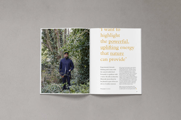 Open pages from Bloom Issue Twelve featuring gardener Errol Fernandes in a woodland setting