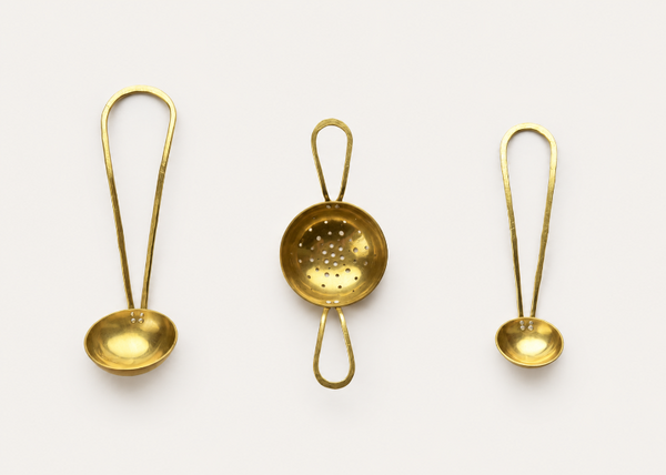 Handmade brass coffee scoop, tea strainer and brass and silver teaspoon by raz|maker