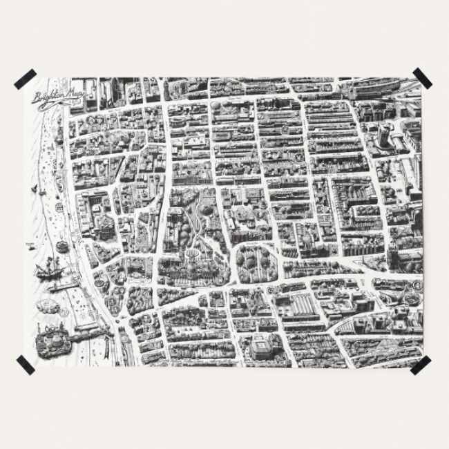 A1 Brighton Map colouring poster featuring a detailed hand-drawn map of central Brighton