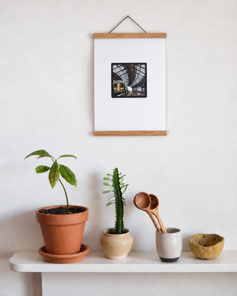 Brighton Station fine art print displayed on a wall with plants and handmade homeware