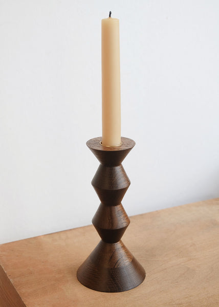 Fumed Oak Wooden Candlestick handcrafted by Selwyn House. These candlesticks would suit a relaxed, vintage table just as well as a contemporary mantle.