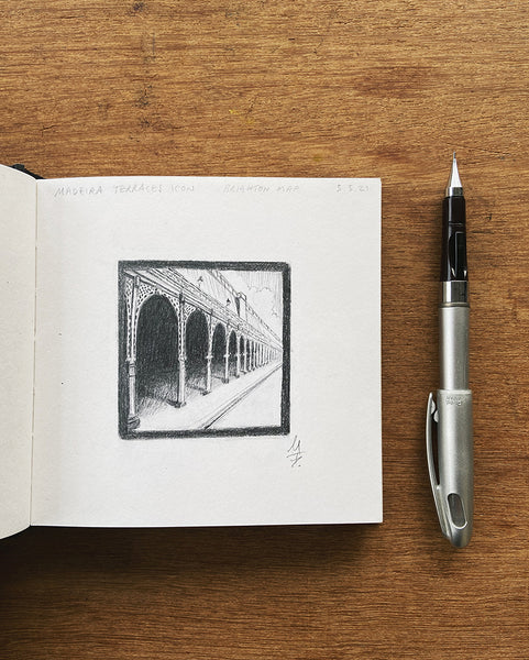 Original Madeira Terrace pencil sketch from Malcolm Trollope-Davis's Brighton Icons sketchbook