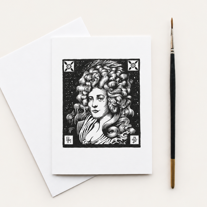 Hand-drawn Mrs Fitzherbert illustration on a Brighton greetings card by Malcolm Trollope-Davis