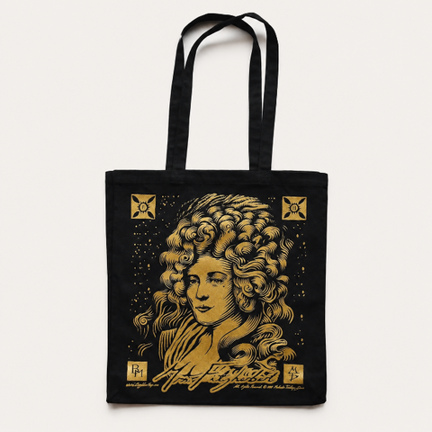 Black cotton canvas tote bag with long shoulder handles and a gold screen-printed illustration of Mrs Fitzherbert by Sussex artist Malcolm Trollope-Davis.