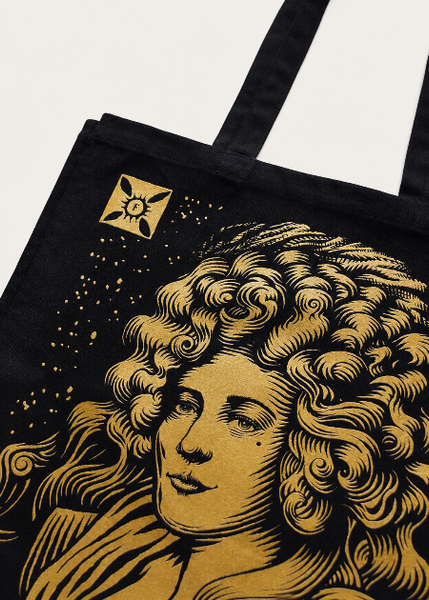 Close-up of the gold screen-printed Mrs Fitzherbert portrait by Malcolm Trollope-Davis, showing the intricate woodcut-style illustration on a black cotton canvas tote bag.