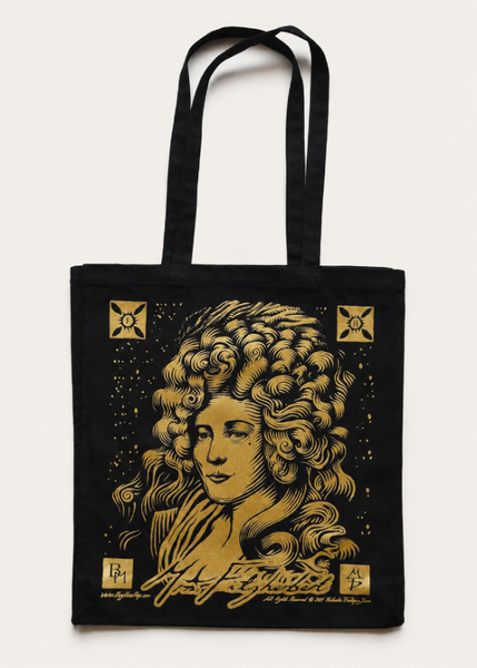 Black heavyweight cotton canvas tote bag with long shoulder handles, featuring a detailed gold screen-printed portrait of Mrs Fitzherbert by Sussex artist Malcolm Trollope-Davis.