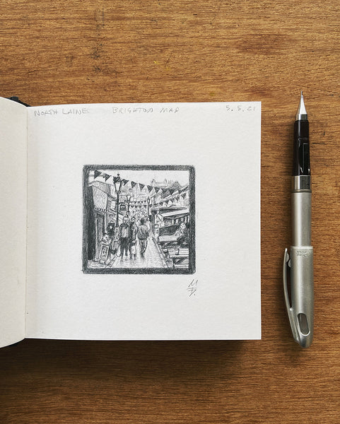 Original North Laine pencil sketch from Malcolm Trollope-Davis's Brighton Icons sketchbook