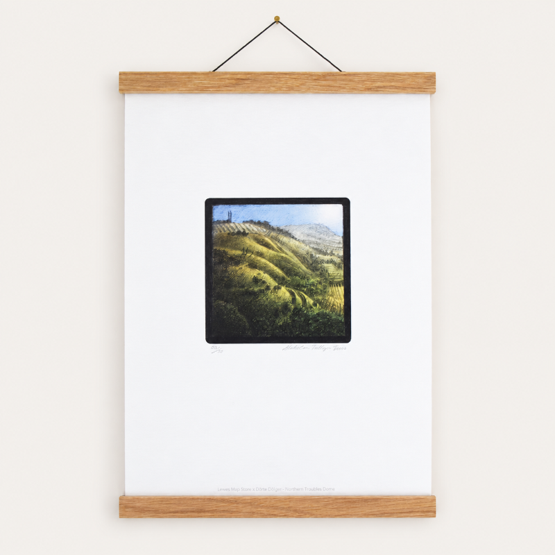 Oak picture and poster hanger displaying a print, handmade in the UK