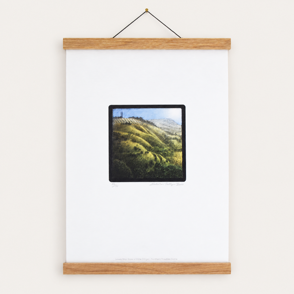 Oak picture and poster hanger displaying a print, handmade in the UK