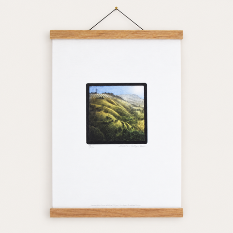 Oak picture and poster hanger displaying a print, handmade in the UK