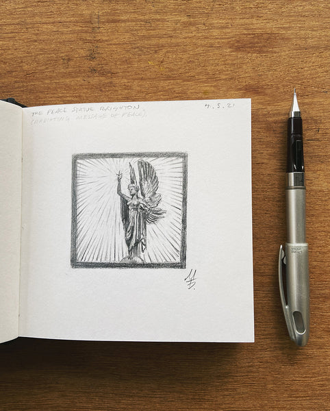 Original Brighton Peace Statue pencil sketch from Malcolm Trollope-Davis's Brighton Icons sketchbook
