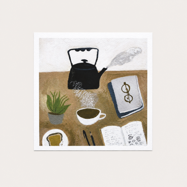 ‘Quiet Morning’ art print by Gemma Koomen featuring a cosy still life in gouache and ink