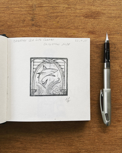 Original Sea Life Centre pencil sketch from Malcolm Trollope-Davis's Brighton Icons sketchbook