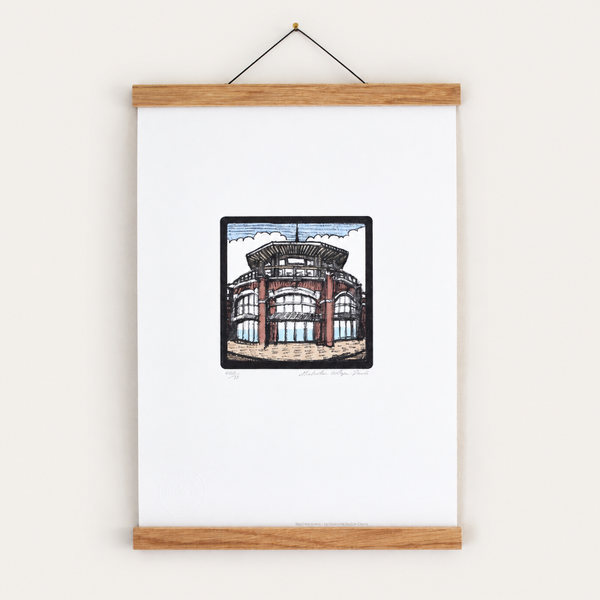 Shelter Hall Brighton fine art print displayed in an oak poster hanger