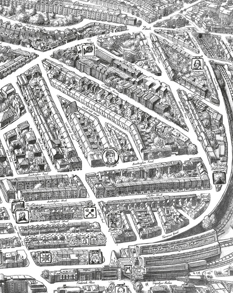 Brighton Seven Dials - Hand drawn illustrated Brighton Map art print signed by artist Malcolm Trollope-Davis. It makes a perfect gift for anyone who loves Brighton!