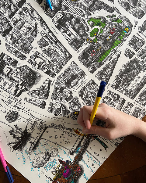 COLOUR IN BRIGHTON!  A beautiful A1 colouring poster for kids and adults featuring a section of our manuscript style Brighton Map, hand drawn by Sussex artist Malcolm Trollope-Davis.