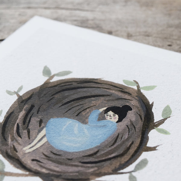 ‘Asleep in a Nest’ by Gemma Koomen is a  high quality Giclee print featuring one of her beautiful illustrations painted in gouache and ink. 