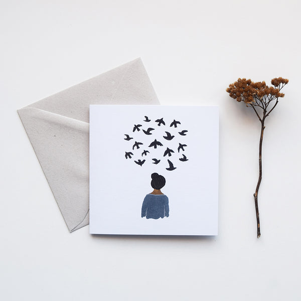 ‘Bird Thoughts’ by Gemma Koomen is a greeting card printed in the UK featuring one of her beautiful illustrations painted in gouache and ink. 