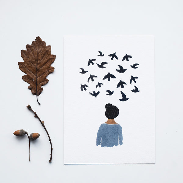 ‘Bird Thoughts’ by Gemma Koomen is a  high quality Giclee print featuring one of her beautiful illustrations painted in gouache and ink. 