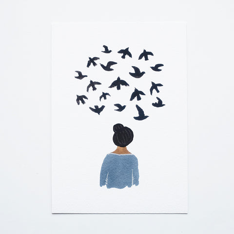 ‘Bird Thoughts’ by Gemma Koomen is a  high quality Giclee print featuring one of her beautiful illustrations painted in gouache and ink. 