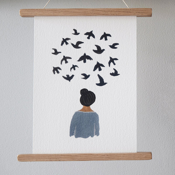 ‘Bird Thoughts’ by Gemma Koomen is a  high quality Giclee print featuring one of her beautiful illustrations painted in gouache and ink. 