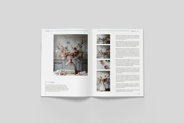 Open pages from Bloom Issue Seven featuring a dried flower arrangement and floral design guide