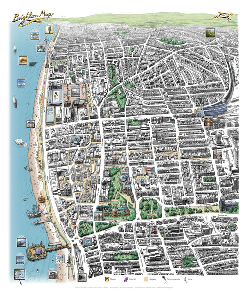 Hand drawn illustrated Brighton Map art print signed by artist Malcolm Trollope-Davis. It makes a perfect gift for anyone who loves Brighton and Hove.