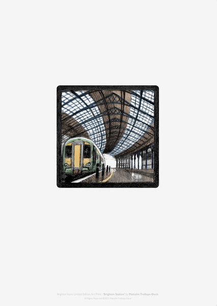 ‘Brighton Station’ is part of the ‘Brighton Icons’ collection. A series of limited edition art prints numbered 1 to 75 signed by the artist Malcolm Trollope-Davis and produced as an A3 giclee print.
