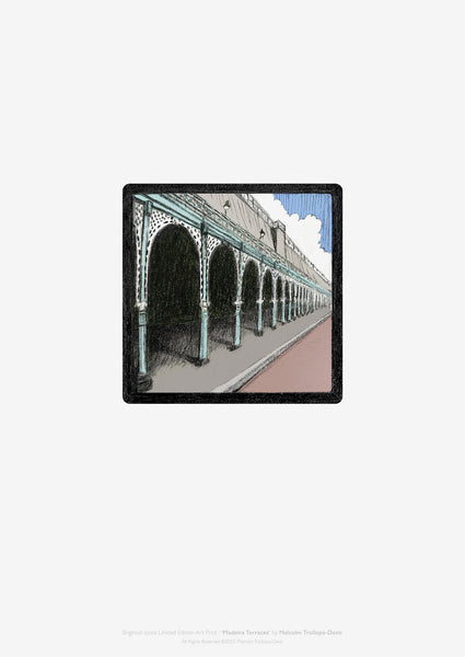 ‘Madeira Terrace’ is part of the ‘Brighton Icons’ collection. A series of limited edition art prints numbered 1 to 75 signed by the artist Malcolm Trollope-Davis and produced as an A3 giclee print. Madeira Terrace is a Grade 2 listed, 865-metre-long stretch of seafront arches and promenade on Madeira Drive in Brighton.