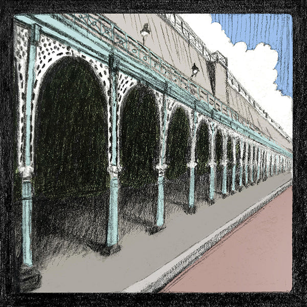 ‘Madeira Terrace’ is part of the ‘Brighton Icons’ collection. A series of limited edition art prints numbered 1 to 75 signed by the artist Malcolm Trollope-Davis and produced as an A3 giclee print. Madeira Terrace is a Grade 2 listed, 865-metre-long stretch of seafront arches and promenade on Madeira Drive in Brighton.